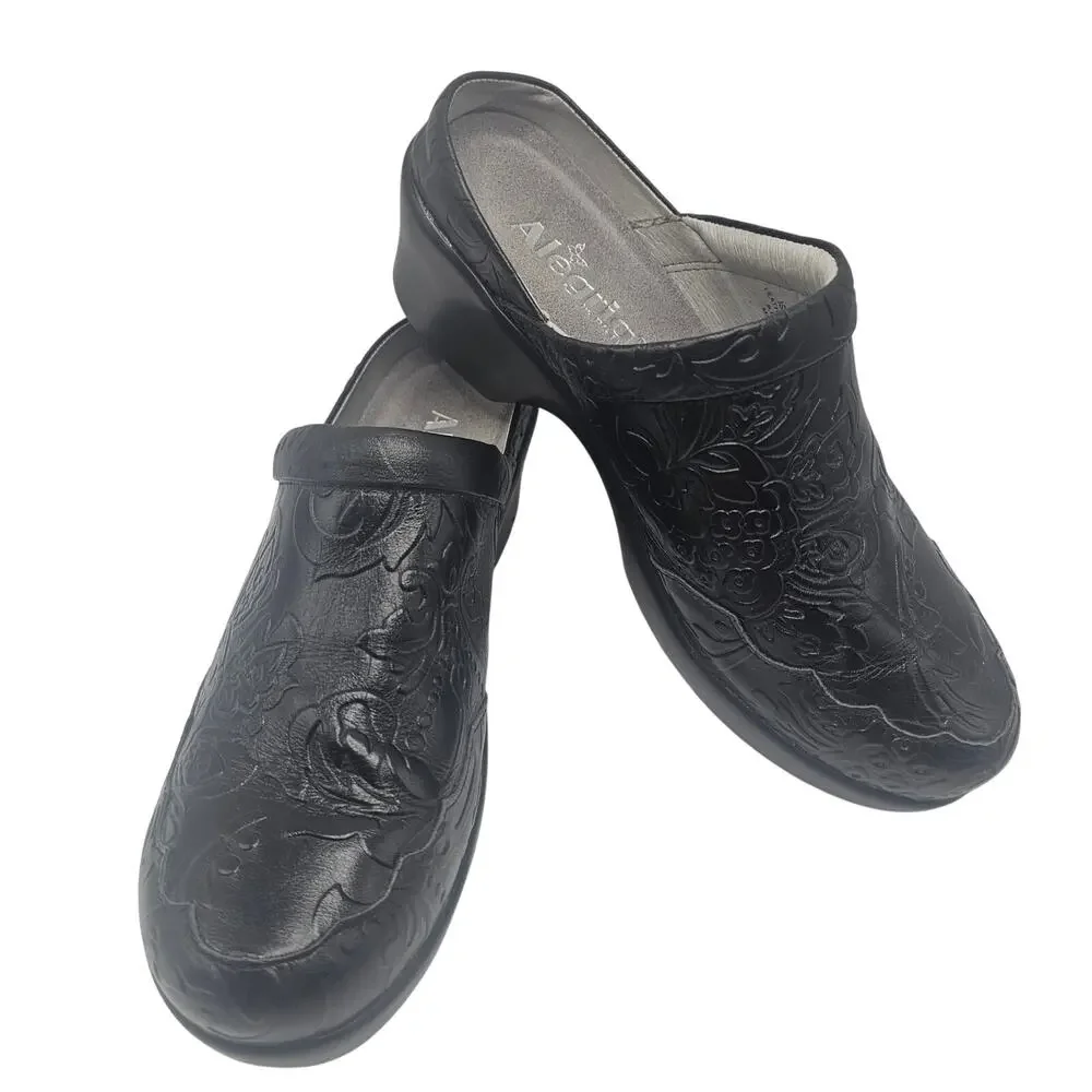 Alegria Isabelle Yeehaw Black Tooled Leather Western Style Clogs EU 39 / US 9